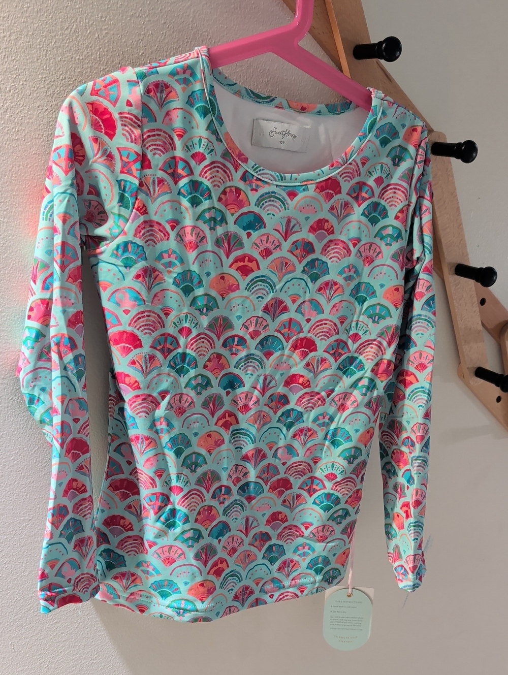 SweetHoney Pink & Aqua Patterned Girls' Long Sleeve Swim Top